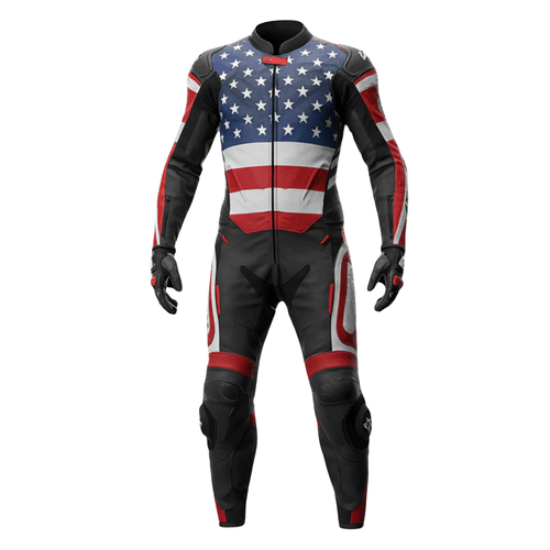 Motorcycle racing suit with American flag design on a white background