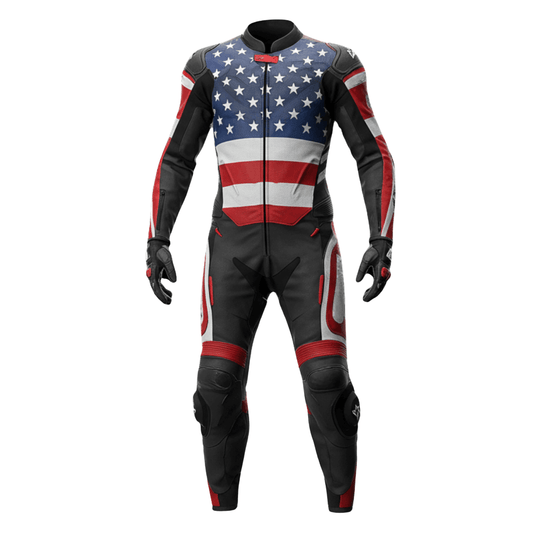 Motorcycle racing suit with American flag design on a white background