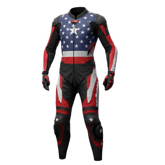 Motorcycle racing suit with American flag design on a white background
