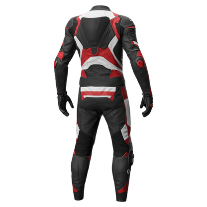 Black, red, and white leather motorcycle suit on a white background
