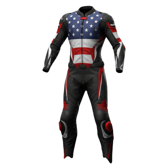 Motorcycle racing suit with American flag design on a white background