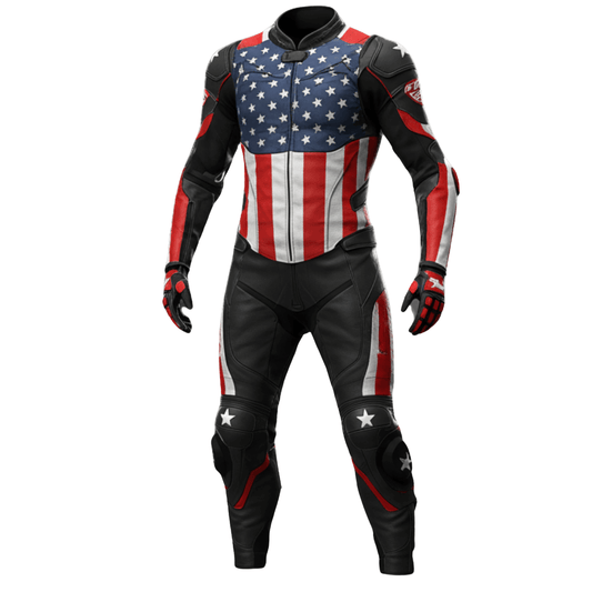 Motorcycle leather suit with American flag design on a white background
