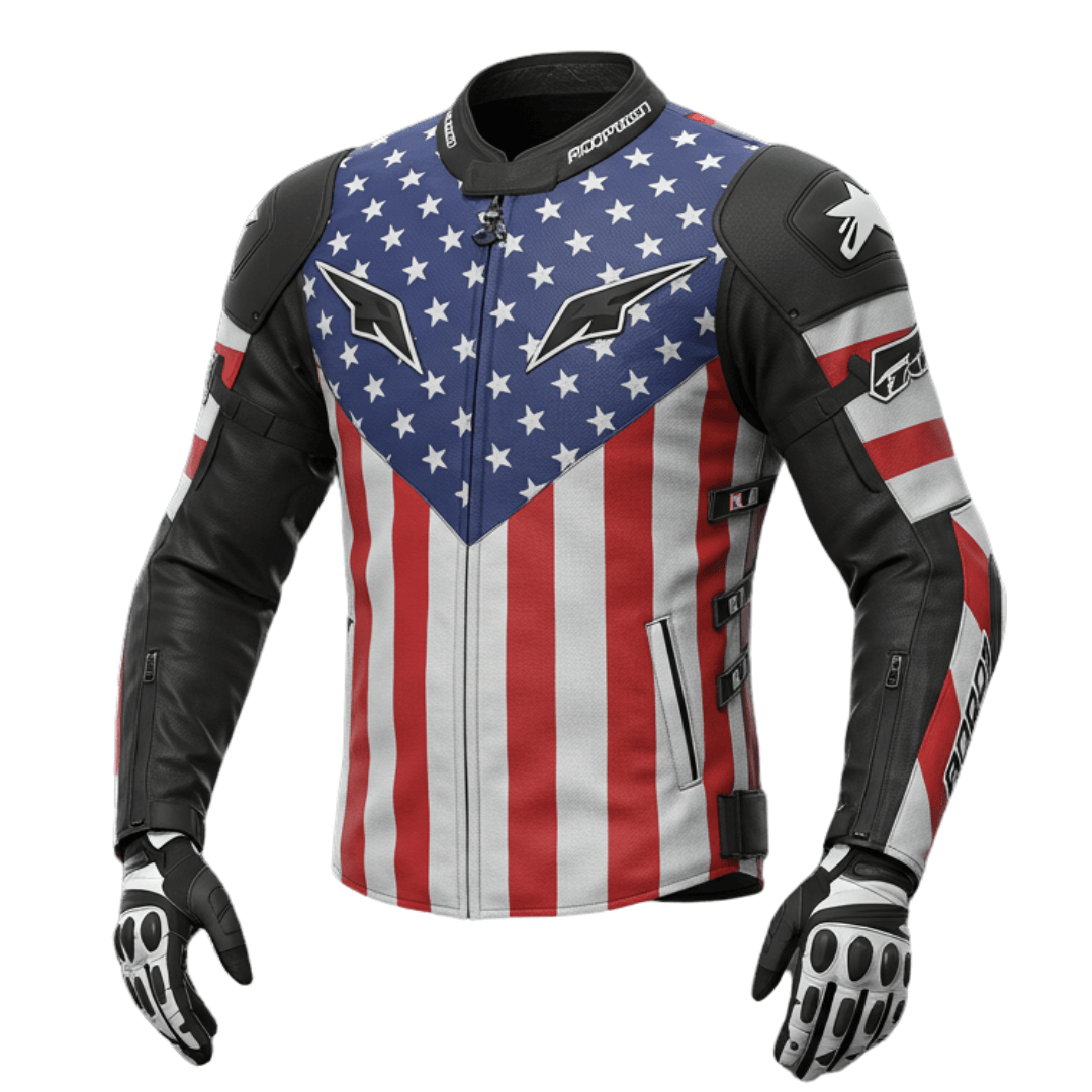 Front view of a leather motorcycle jacket with an American flag design, featuring Black, red, white, and blue colors.

