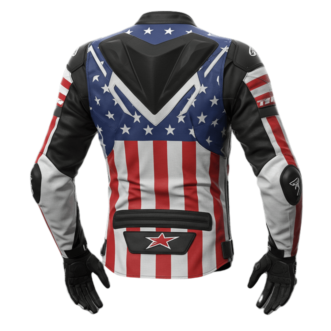Back view of a sport motorcycle jacket featuring the American flag and star logo.
