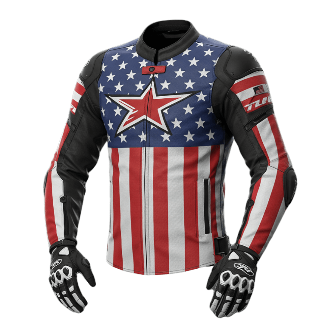 Front view of an American flag-themed sport motorcycle jacket with a star design.
