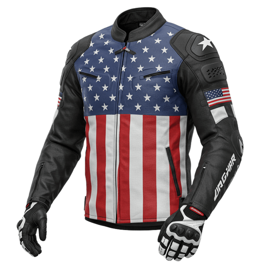 A black leather motorcycle jacket featuring a bold USA flag design with stars on the chest and stripes running vertically.