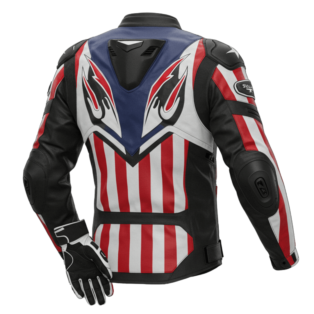 Back view of a patriotic biker jacket with fire-inspired graphics and a bold USA-themed design.

