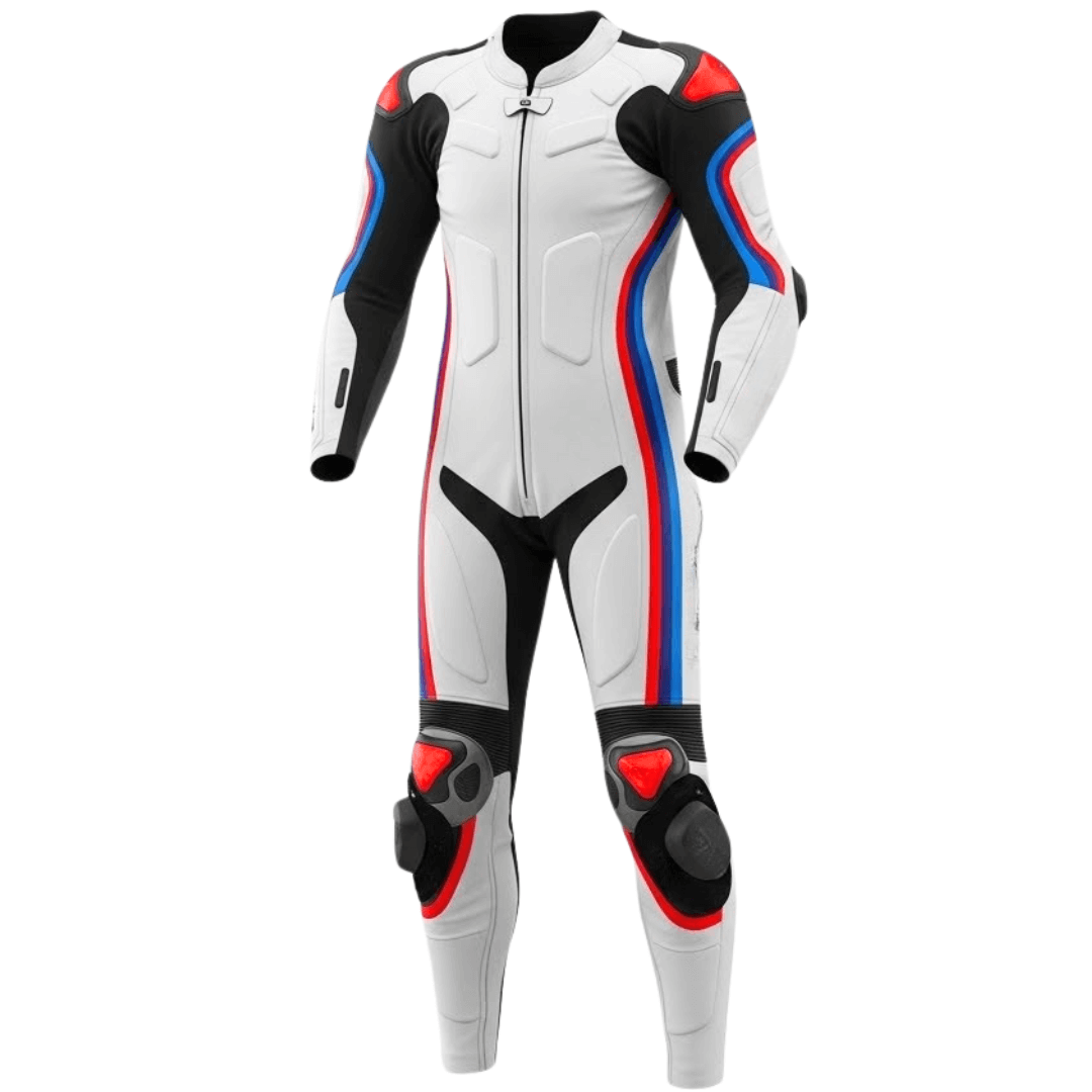 White motorcycle racing suit with red and blue accents on a white background
