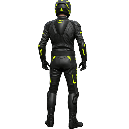 Black motorcycle suit with yellow accents on a white background