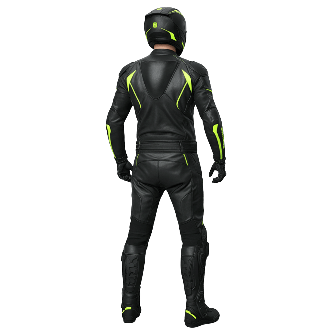 Black motorcycle suit with green accents worn by a person on a white background