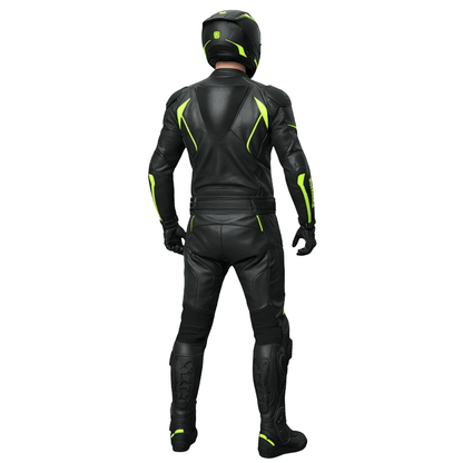 Black motorcycle suit with green accents worn by a person on a white background