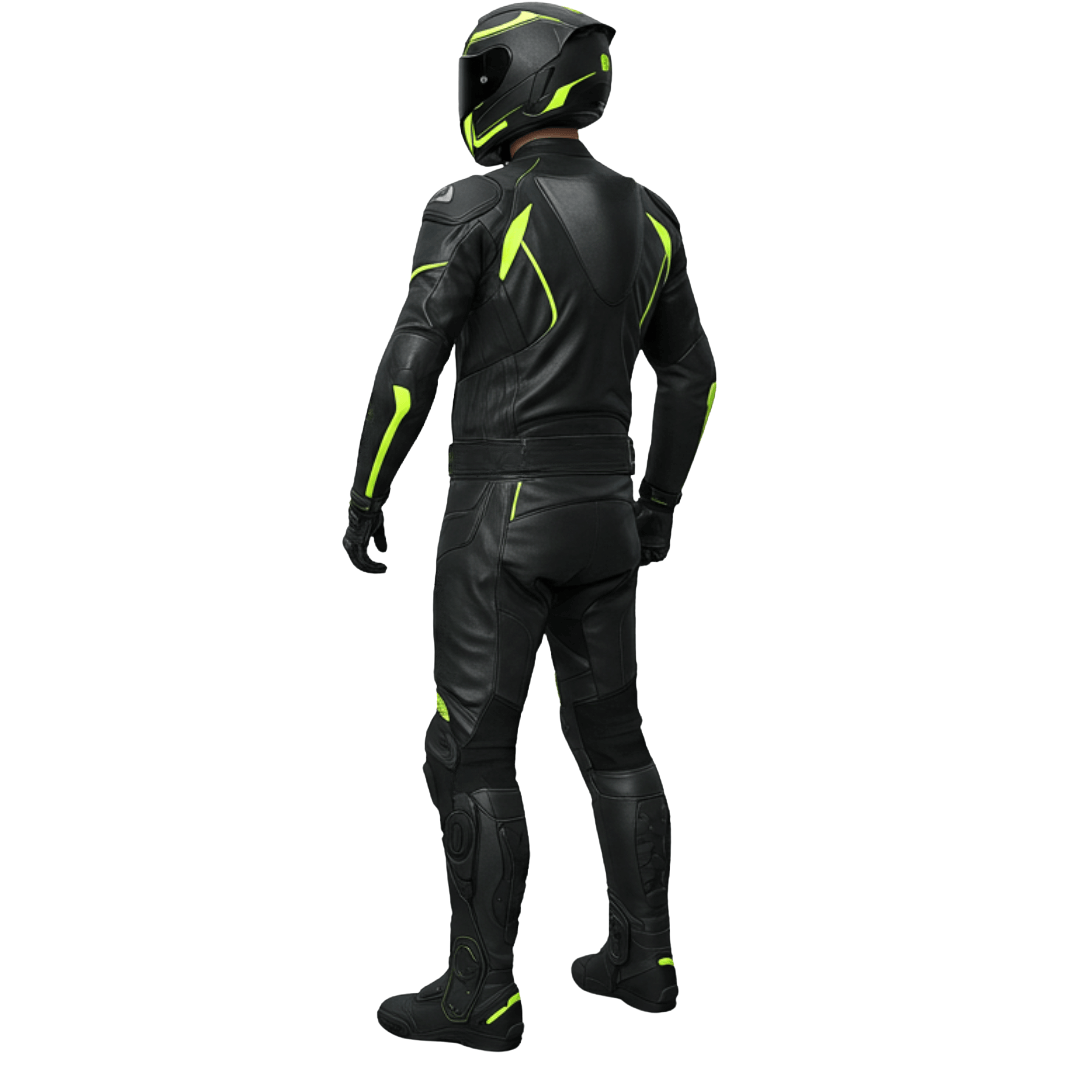 Black motorcycle suit with yellow accents and helmet on a white background