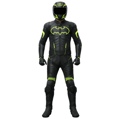 Black motorcycle suit with green accents and a Bat logo on a white background