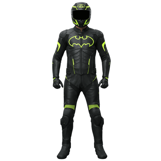 Black motorcycle suit with green accents and a Bat logo on a white background