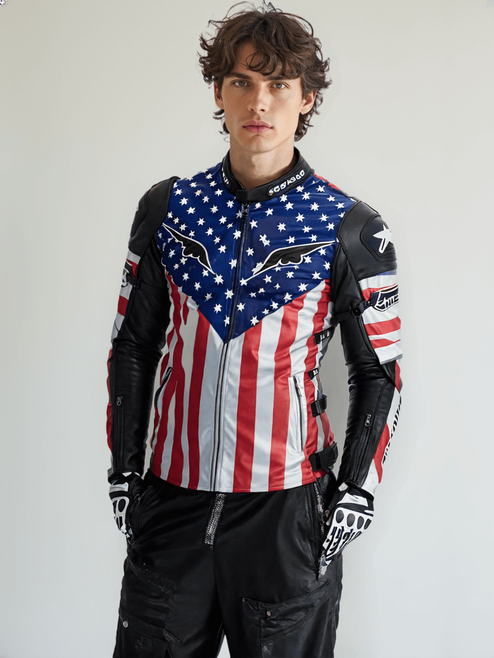 Close-up of the American flag-themed leather motorcycle jacket, highlighting the stars and stripes design.
