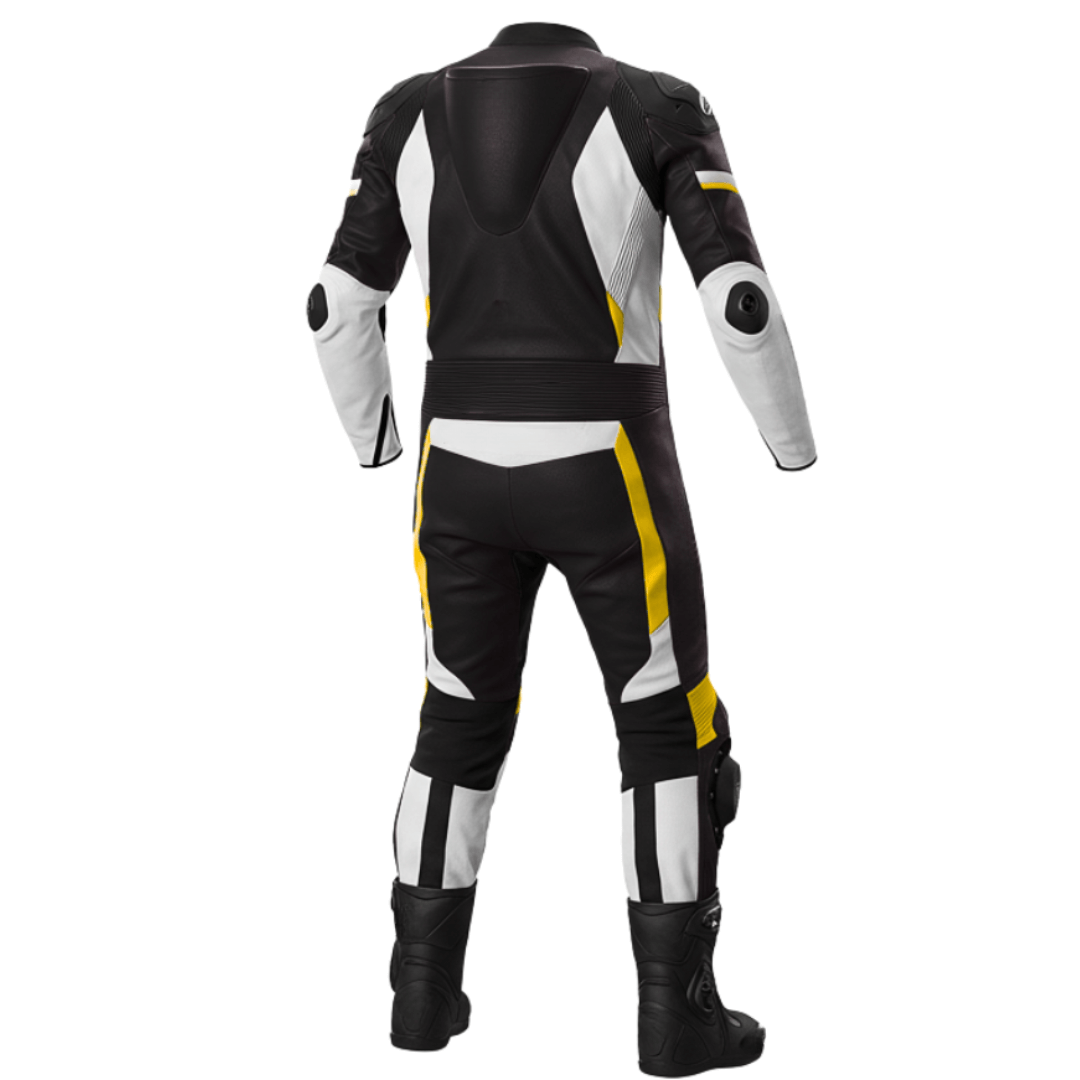 Black, white, and yellow motorcycle suit on a white background