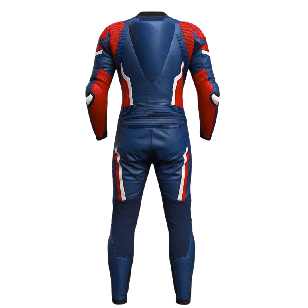 Blue and red motorcycle suit on a white background