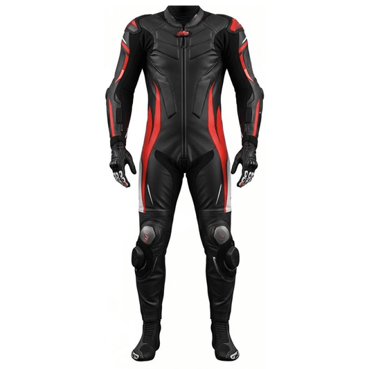 Black and red motorcycle racing suit on a white background