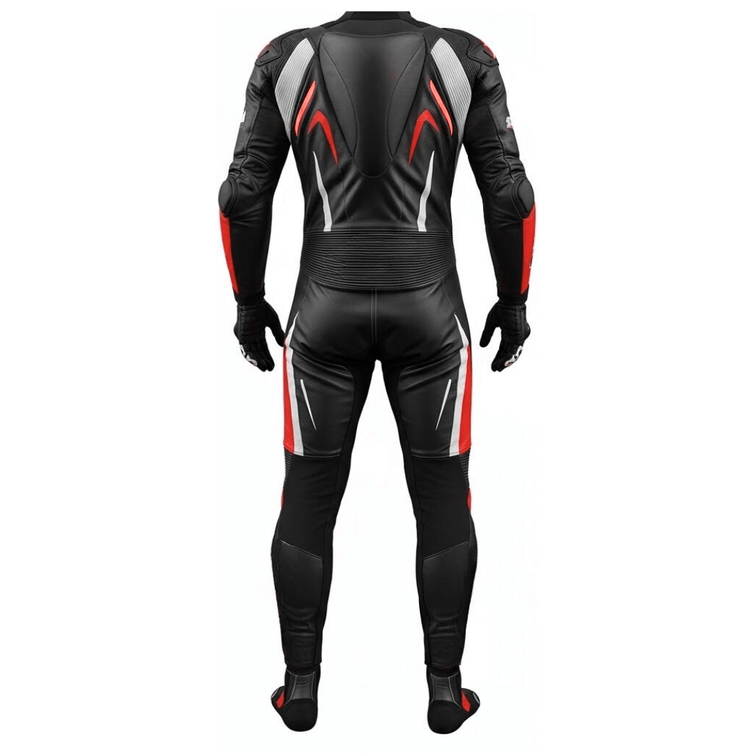 Black motorcycle racing suit with red and white accents on a white background