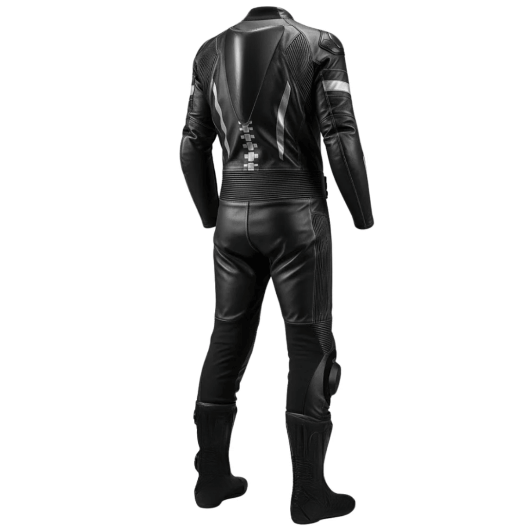 Black leather motorcycle suit on a white background