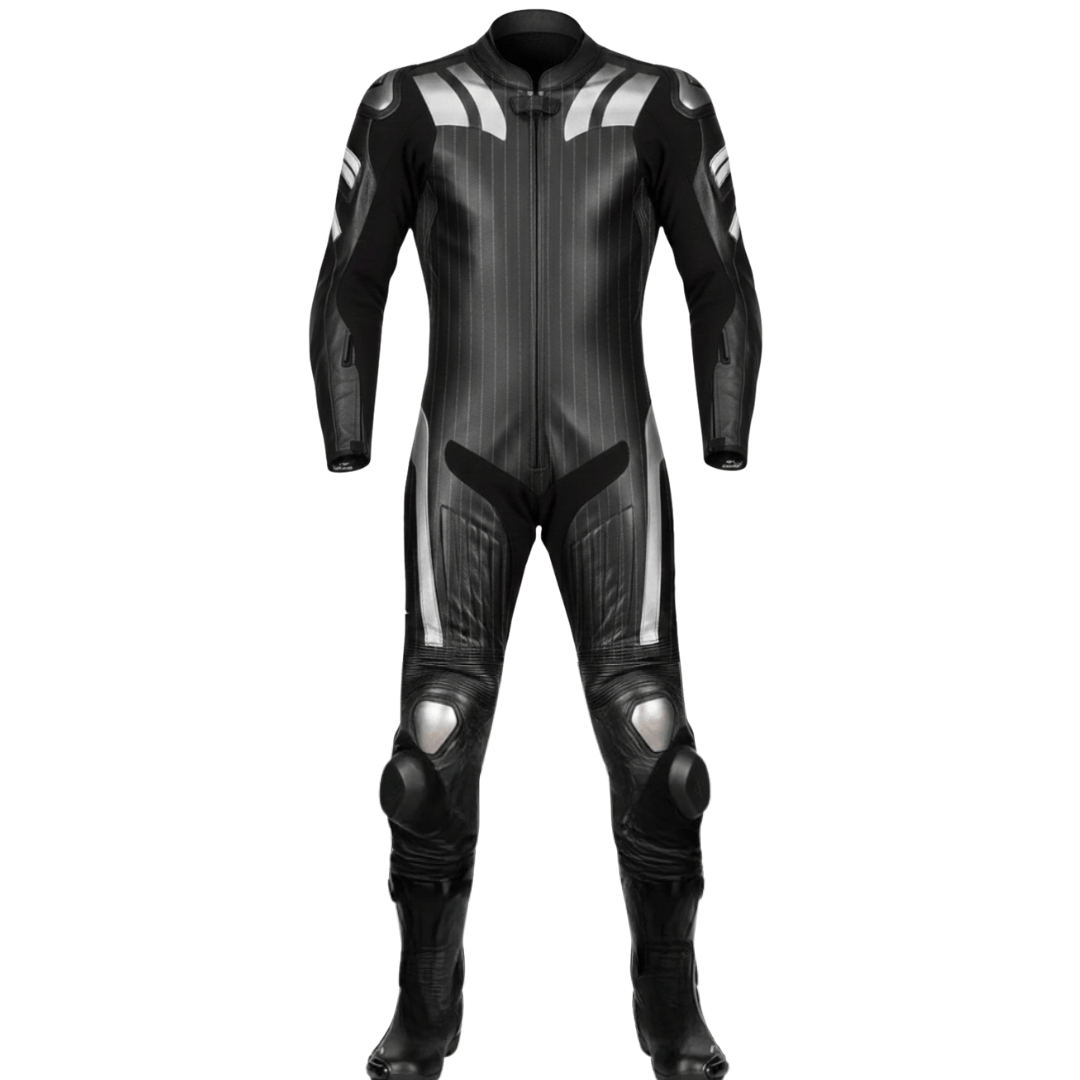 Black motorcycle racing suit with white accents on a white background