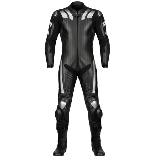 Black motorcycle racing suit with white accents on a white background