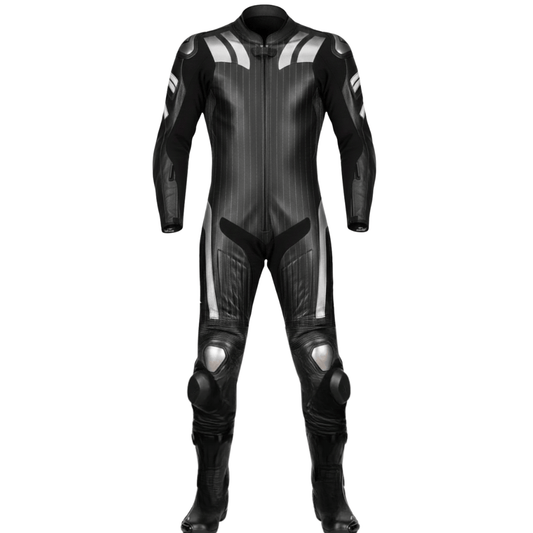 Black motorcycle racing suit with white accents on a white background