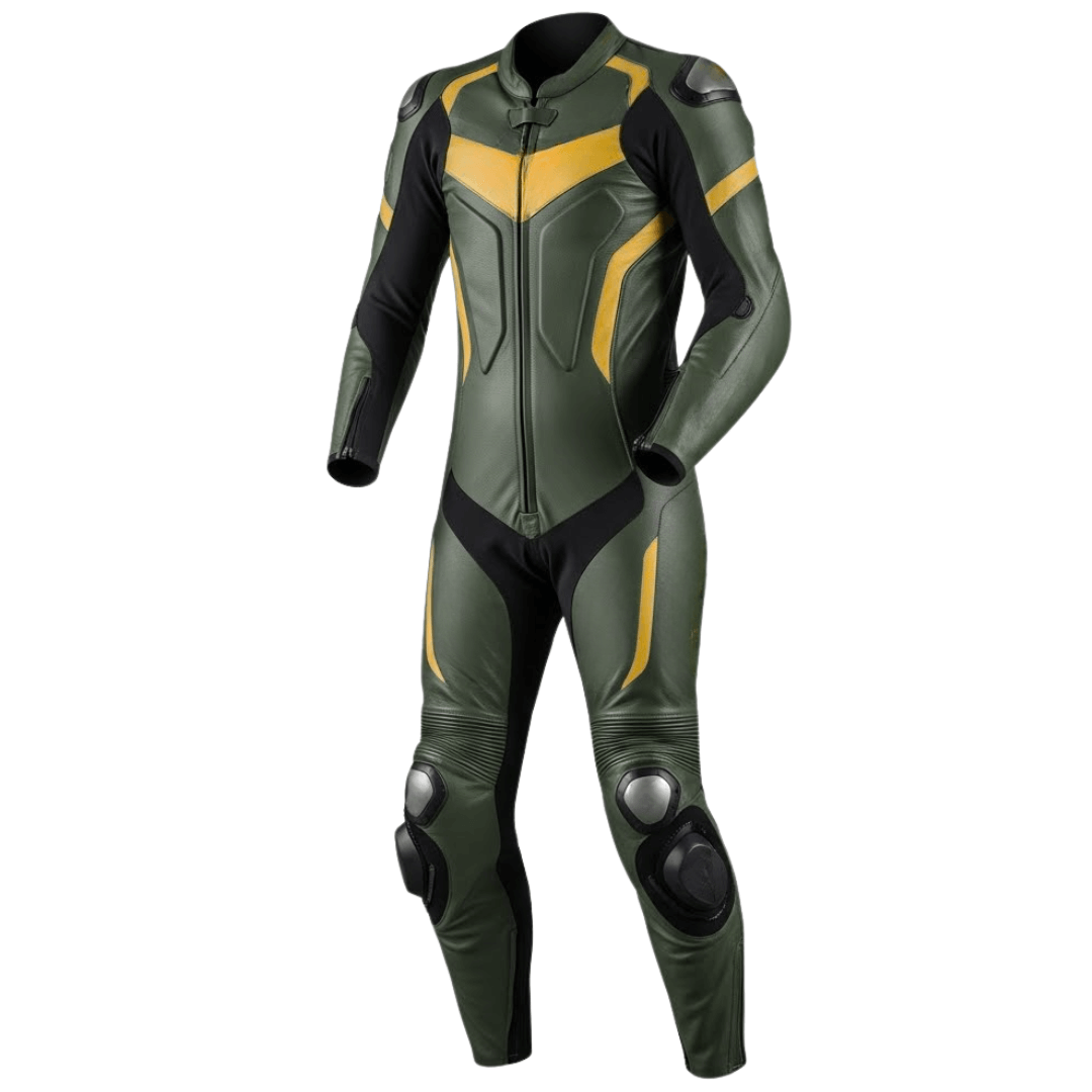 Green and black motorcycle racing suit with yellow accents on a white background