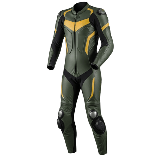 Green and black motorcycle racing suit with yellow accents on a white background