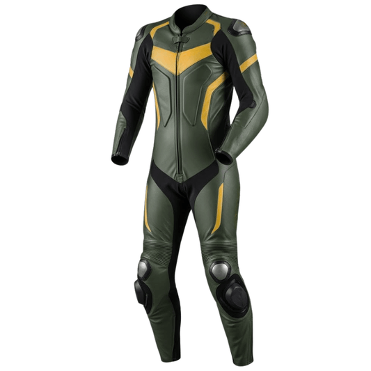 Green and black motorcycle racing suit with yellow accents on a white background