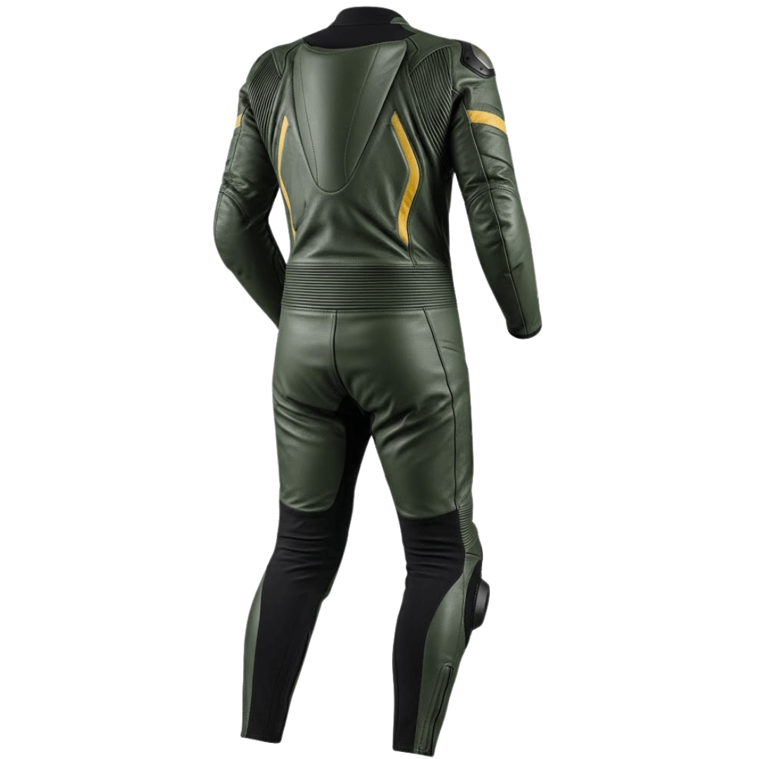 Green motorcycle leather suit on a white background