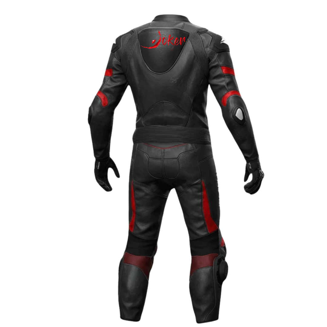 Black leather motorcycle suit with red accents on a white background