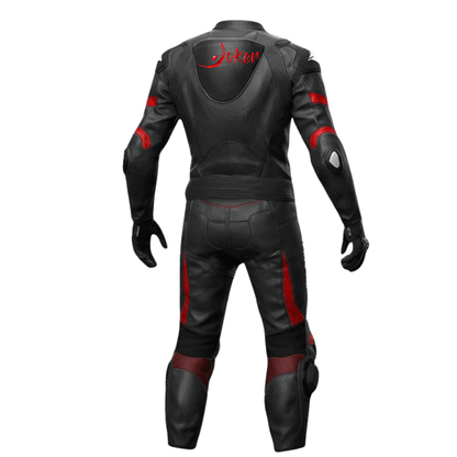 Black leather motorcycle suit with red accents on a white background