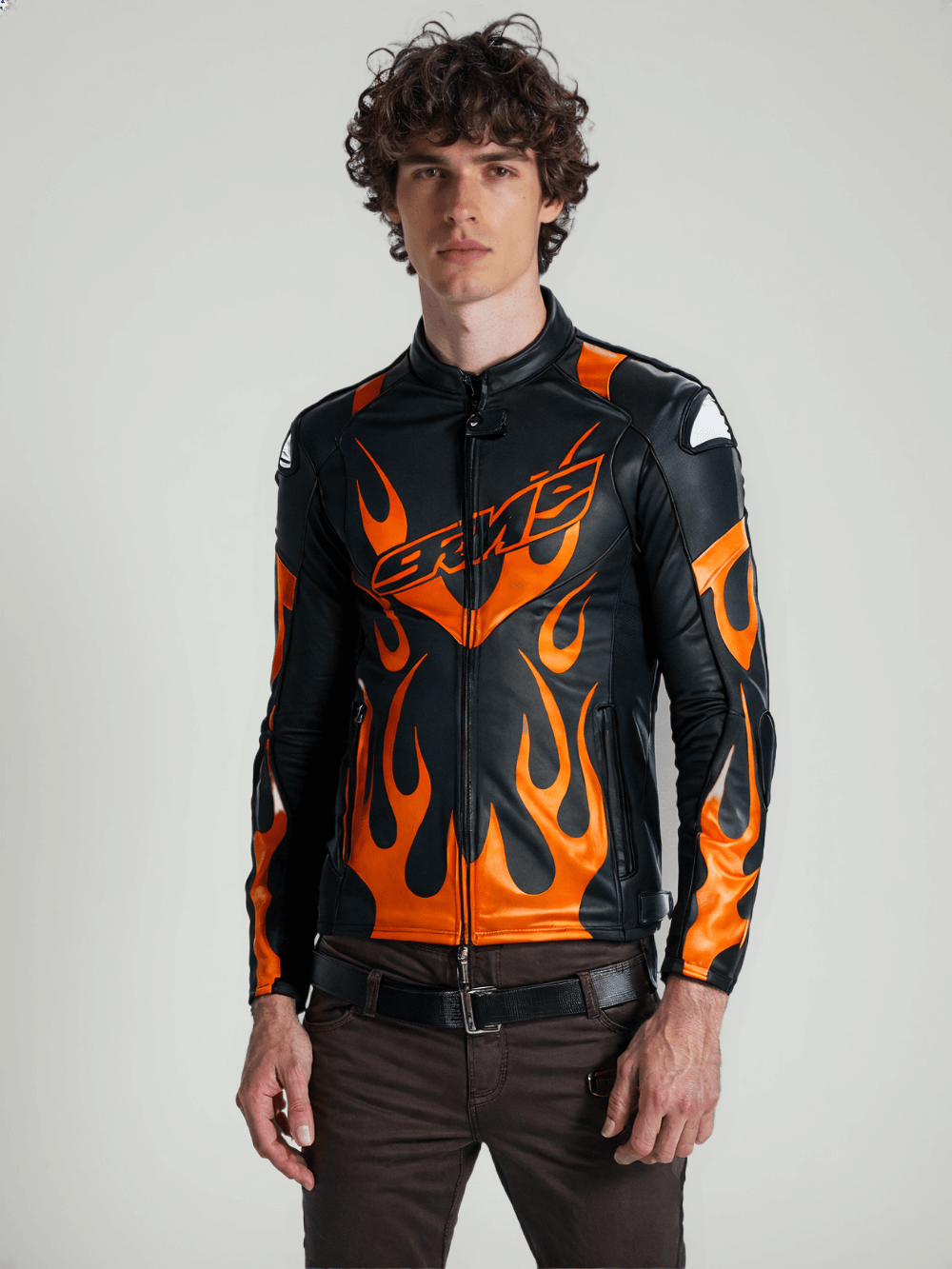 High-quality black and orange leather biker jacket with bold flame pattern.




