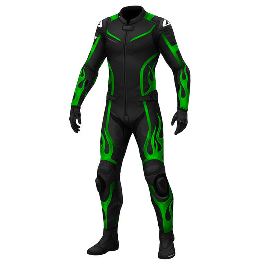 Black motorcycle suit with green flames on a white background