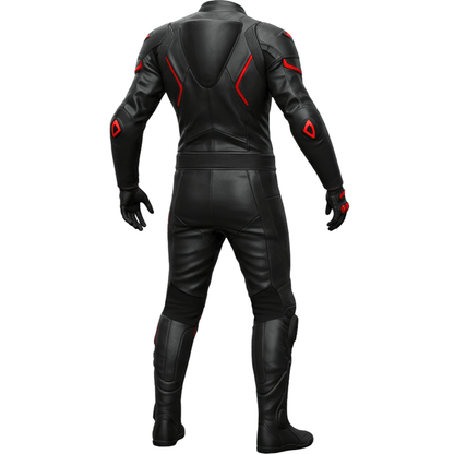 Black leather motorcycle suit with red accents on a white background