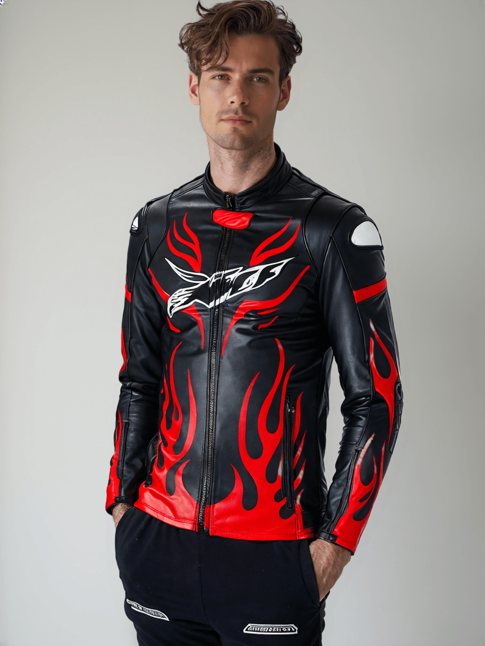 Rider-style black leather jacket with red flames, protective elbow pads, and a sporty, high-performance look for motorcycle enthusiasts.