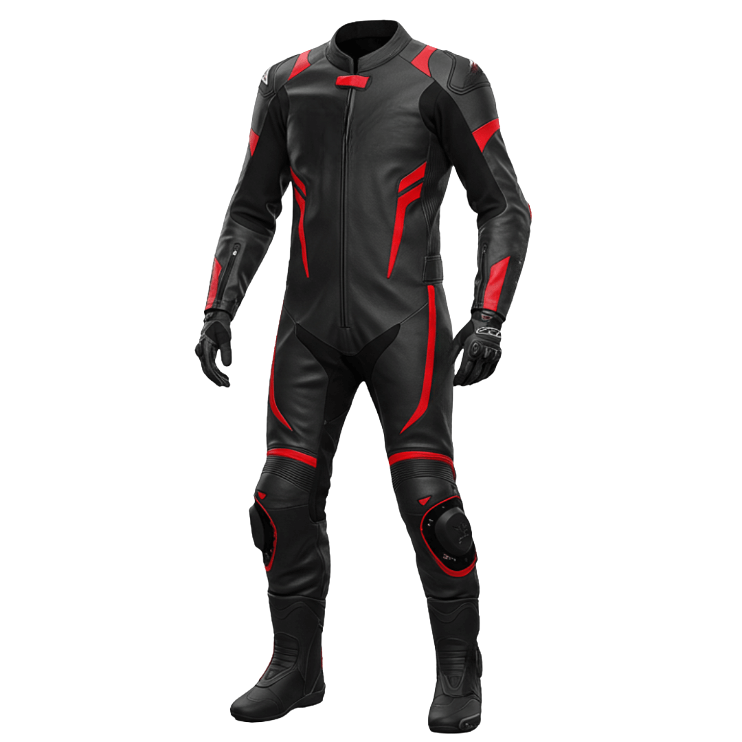 Black and red motorcycle racing suit on a white background