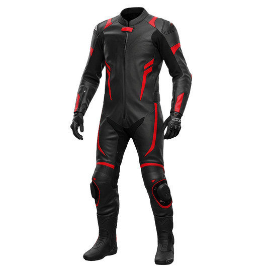 Black and red motorcycle racing suit on a white background