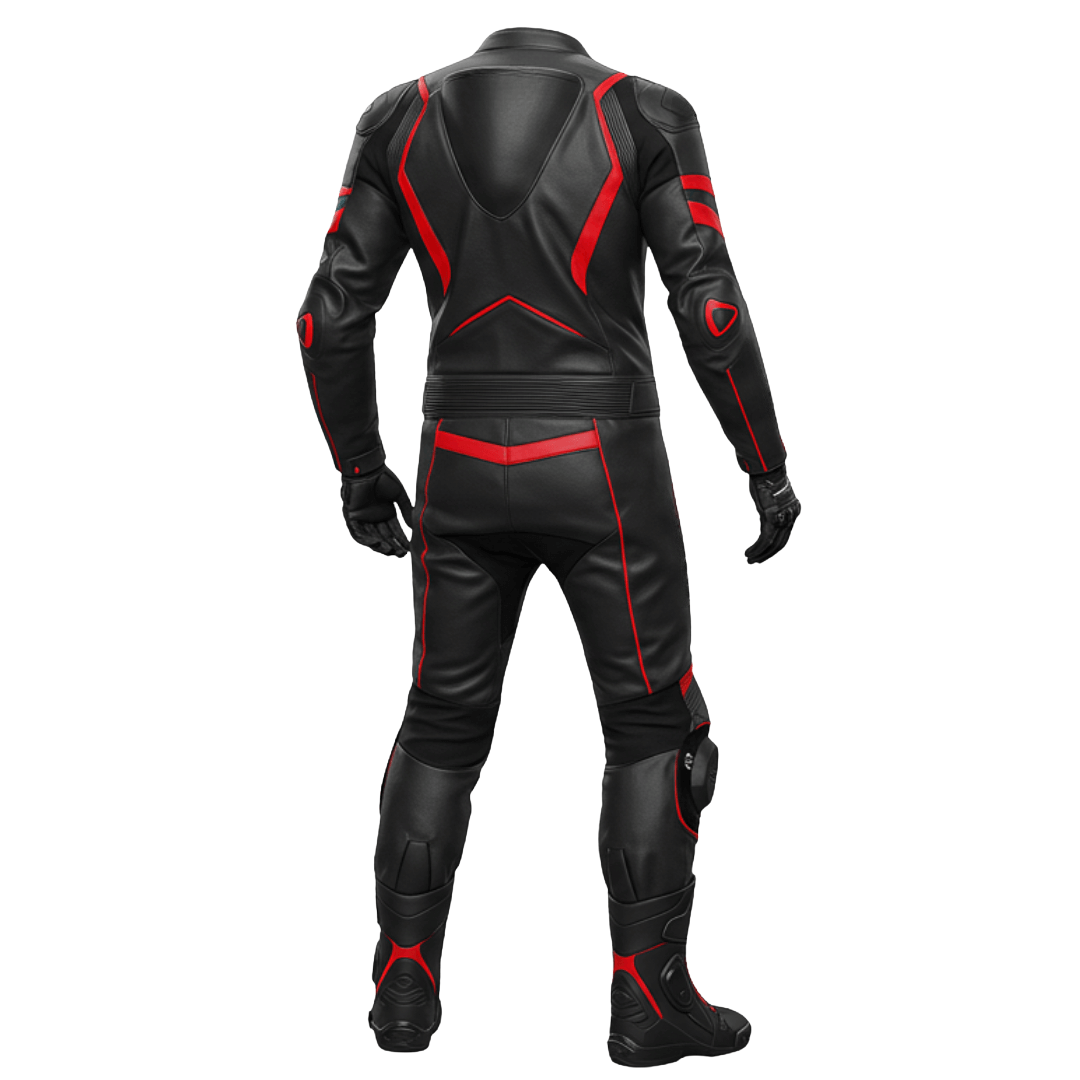 Black leather racing suit with red accents on a white background