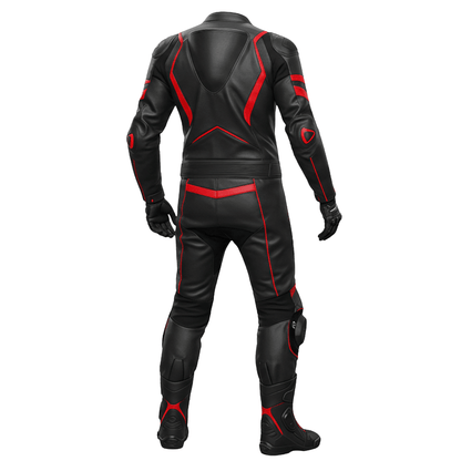 Black leather racing suit with red accents on a white background