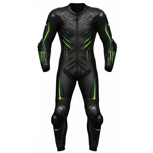 Black motorcycle racing suit with green accents on a white background