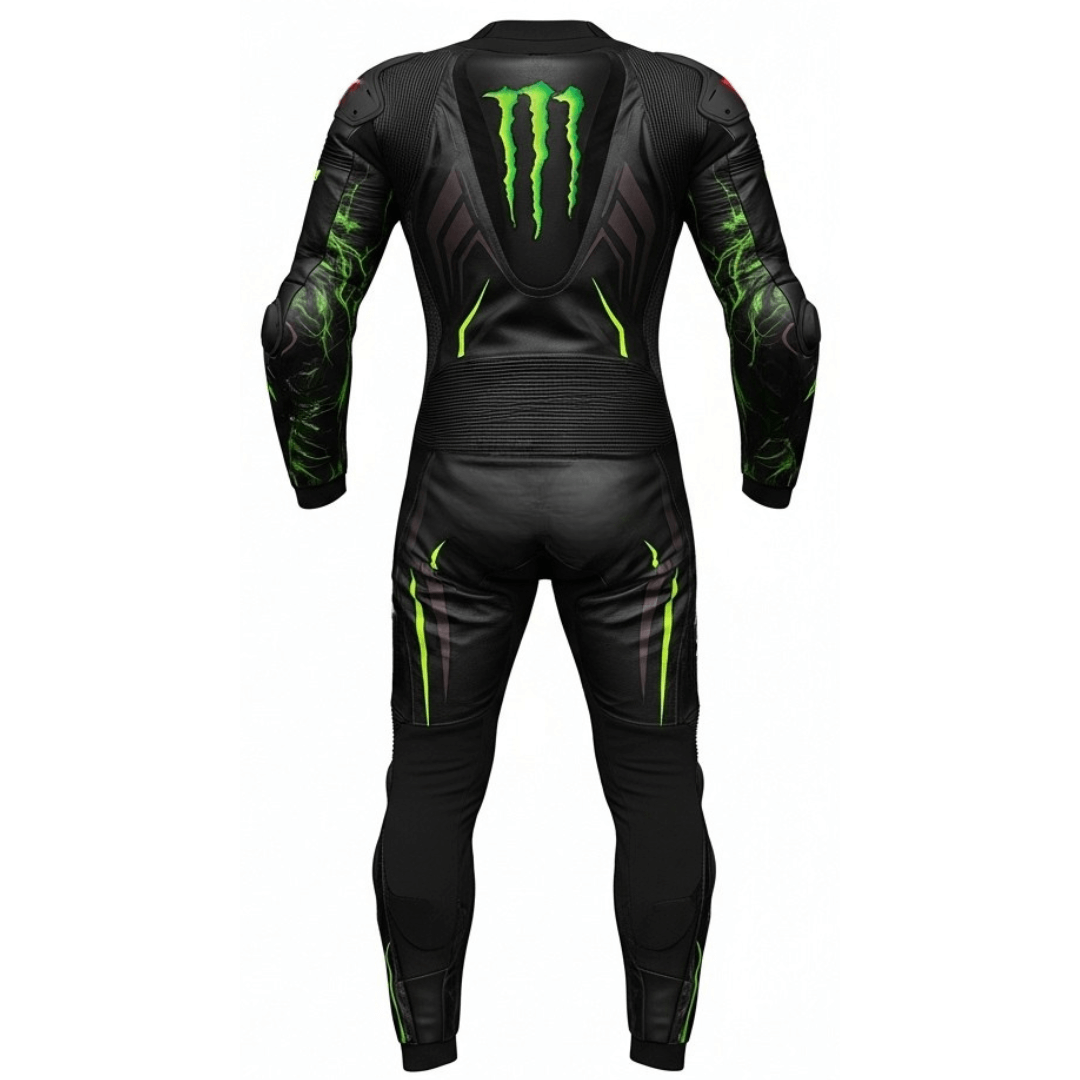 Black motorcycle racing suit with green accents and Monster Energy logo on a white background