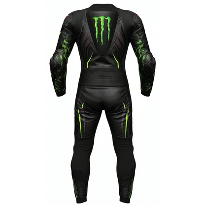 Black motorcycle racing suit with green accents and Monster Energy logo on a white background
