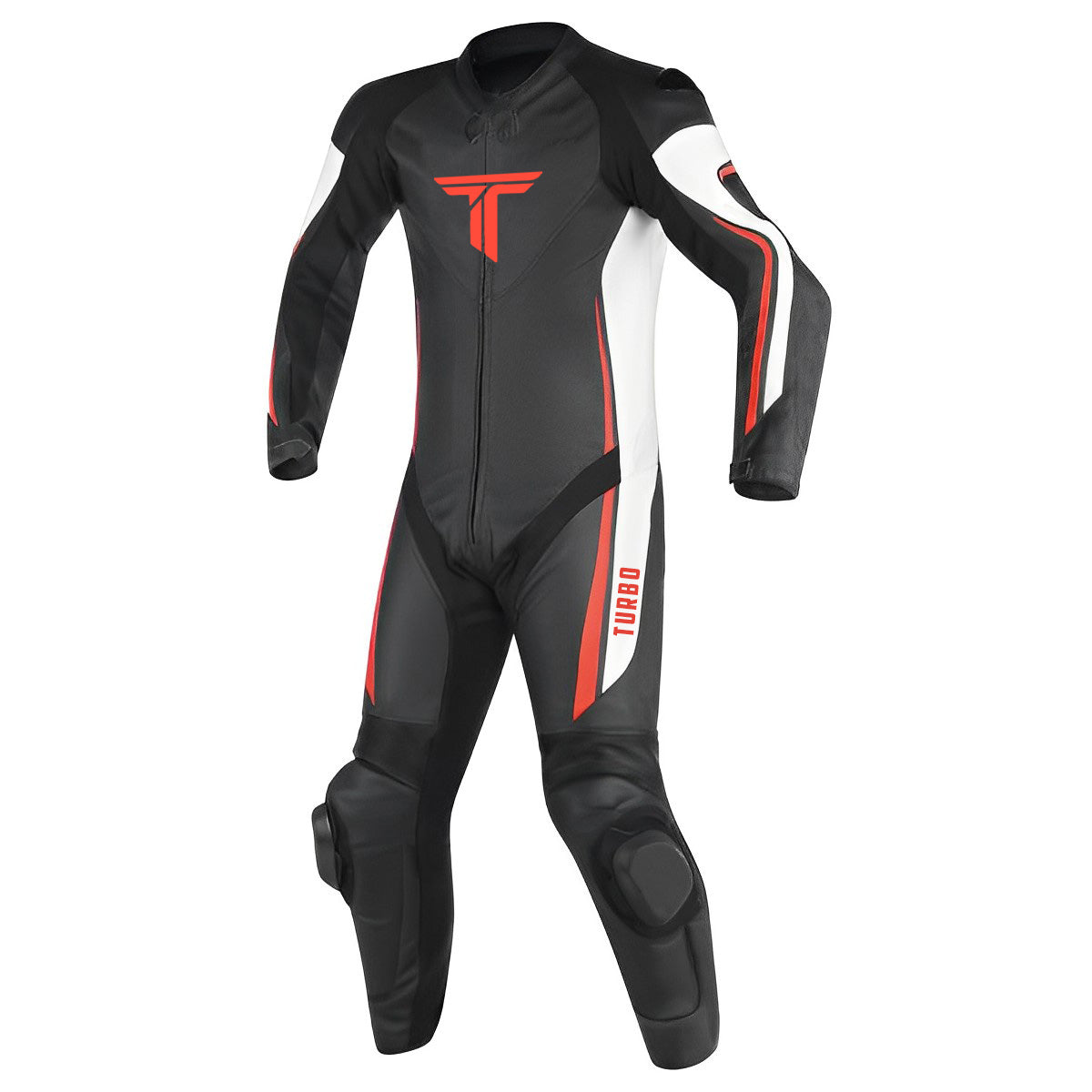 A black and red line motorcycle race suit with metal armor and a CE-level 2 back and thigh protector.