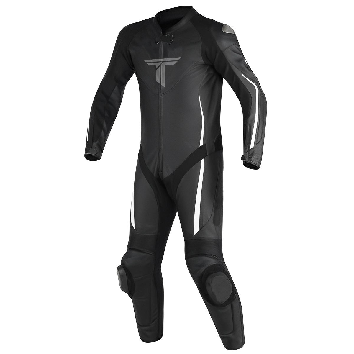 A black and white motorcycle leather suit with long sleeves, designed for adults
