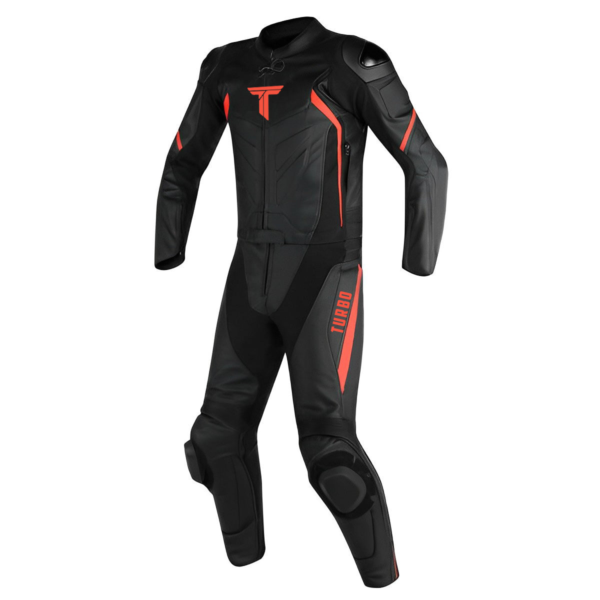 A black motorcycle race suit with red accents, featuring metal armor and branding on the chest, back, and thigh.