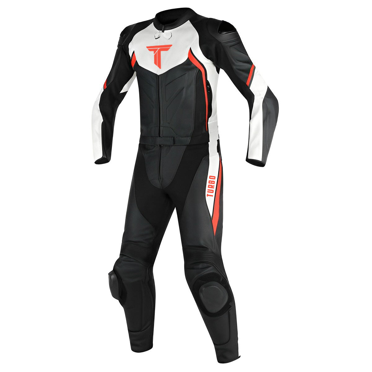 A black and red line motorcycle race suit featuring a high collar, long sleeves, and metal armor accents.