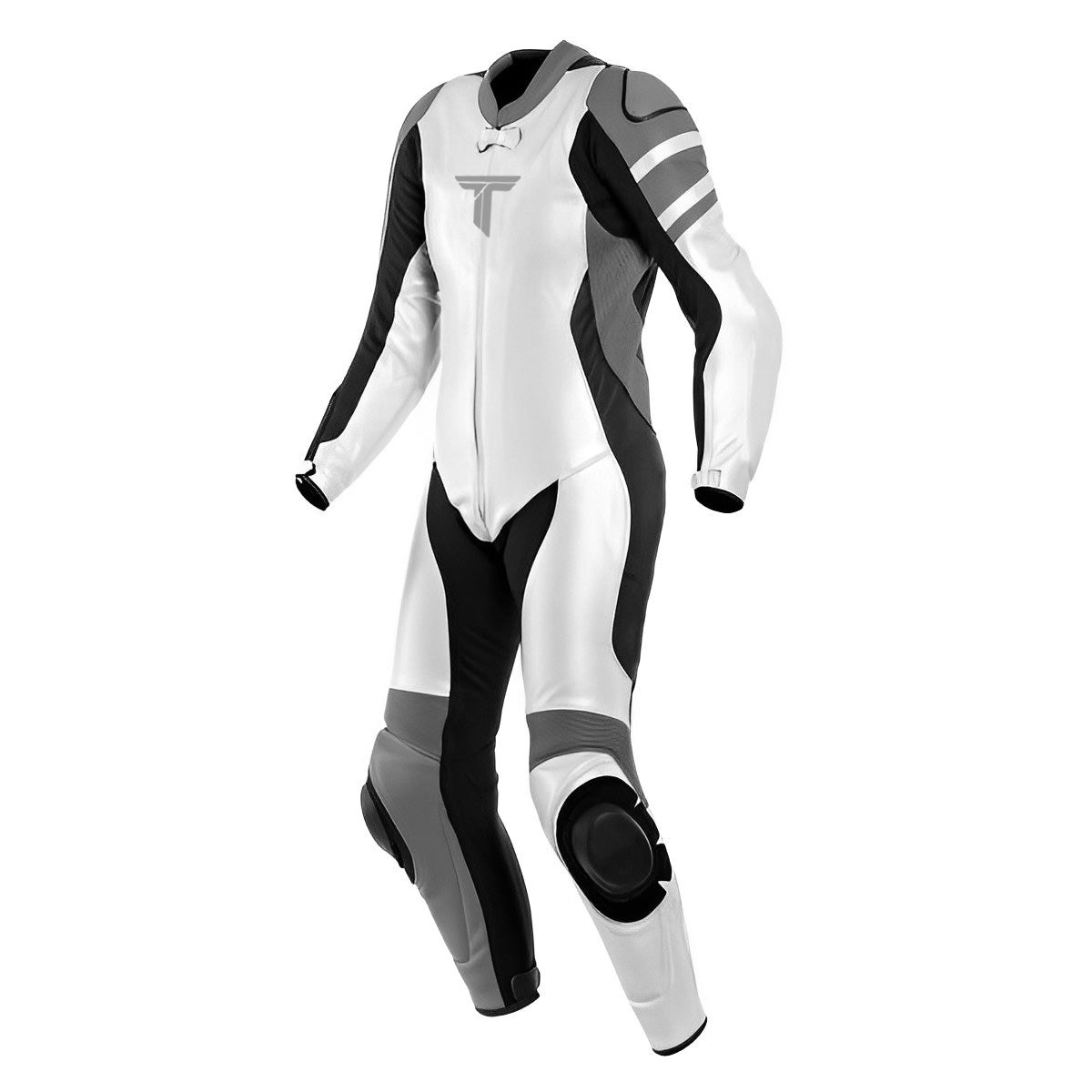 A white and grey female motorcycle race suit with metal armor and a CE-level 2 back and thigh protector.