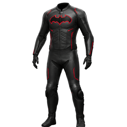 Black superhero suit with red accents on a white background